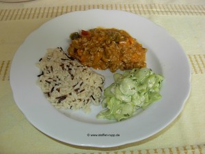 Gemichte Hackfleischpfanne mit Reis und Gurkensalat